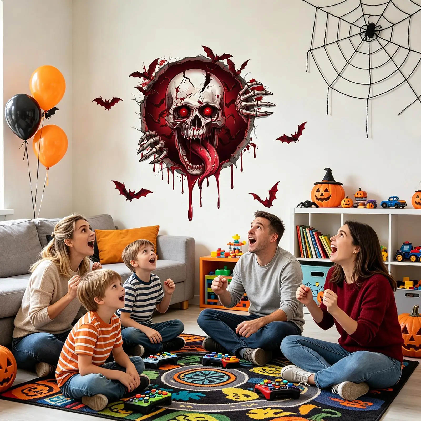 Gothic Halloween Wall Stickers Self-Adhesive Removable Scary Spooky Bloody Skull Bat Breaking Through Wall Art For Home Bedroom