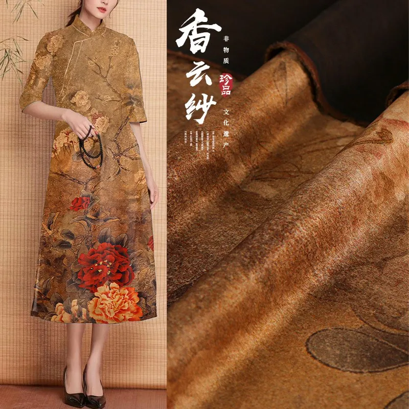 New product Mumi Heavy Satin single-sided flower Xiangyunsha traditional handmade cheongsam silk clothing fabric