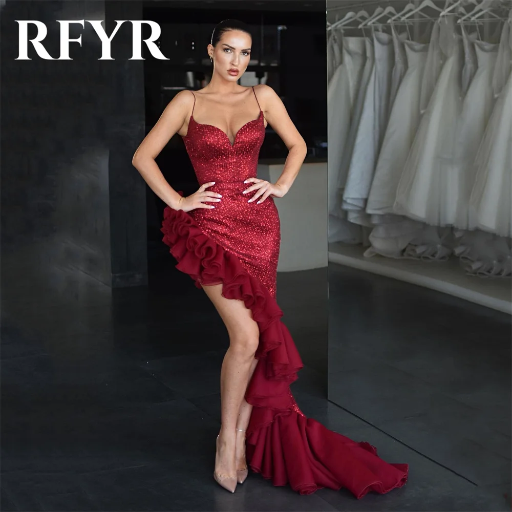 

RFYR Burgundy Sexy Mermaid Evening Dresses Spaghetti Strap Ruffles Sequined Special Occasion Dress for Women Party فستان سهرة