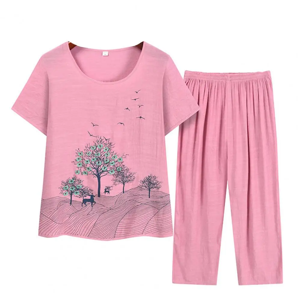 

2 Pcs/Set Great Women Pajamas Set Deep Crotch Soft Women Top Pants Set Comfortable Summer Pajamas Set
