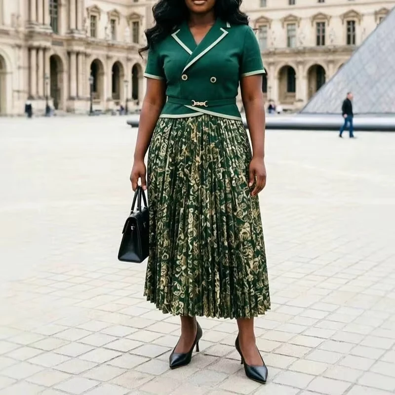 ANLAN 2026 New Miyaki Gold Foil Printing Green Pleated Dress Double Breasted Design Summer Short Sleeve Elastic Famale Clothing