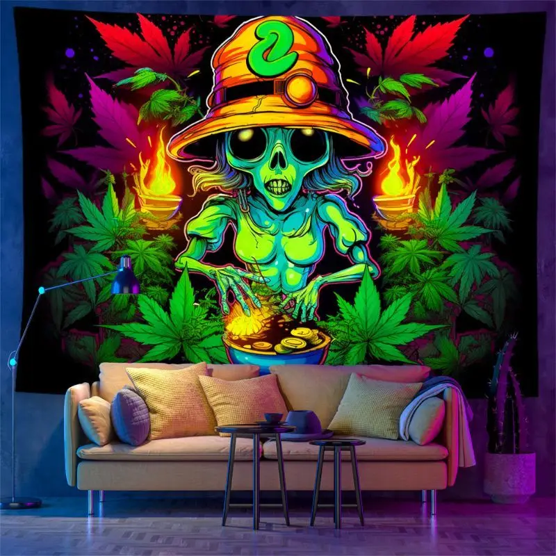 VIKAMA Psychedelic Alien Hemp Leaf Space Tapestry Colorful Trendy Wall Hanging Universe Bedroom Dorm Trippy Decor