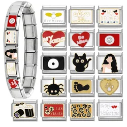 FUNIQUE Retro Camera Dice Leopard Print Love Girl Italian Charm Links Fit 9mm Bracelet Stainless Steel DIY Jewelry Making