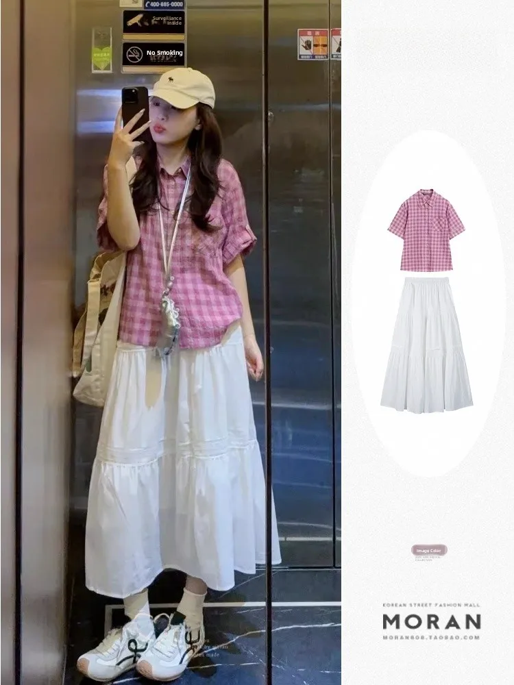 

Летний красивый женский комплект из irt и юбки ort Sve малиновый клетчатый воротник f-длина белый халат комбинированный