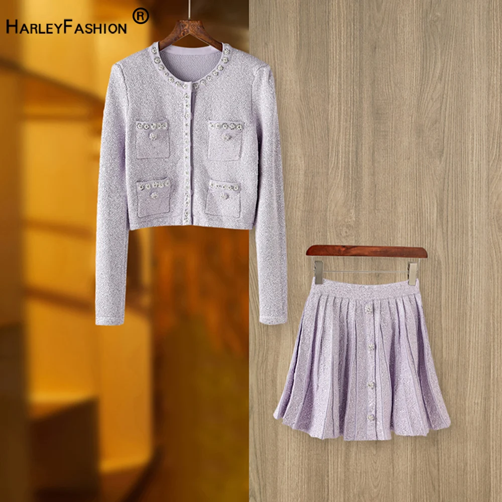 

Tender Coloe Lilac Tweed Fabric New Winter Thick Woolen Shining Diamonds Buttoms Chic Women 2PCs Skirt Sets Jacket Suits