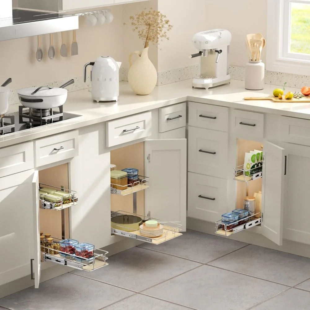 منظم خزانة قابل للسحب مع أرفف خشبية منزلقتين لحلول تخزين المطبخ #6