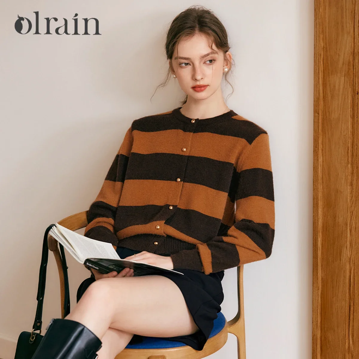OLrain полосатый вязаный женский кардиган 2320, весенний французский винтажный свитер для поездок на работу, женский трикотаж, женская одежда N56QM93285