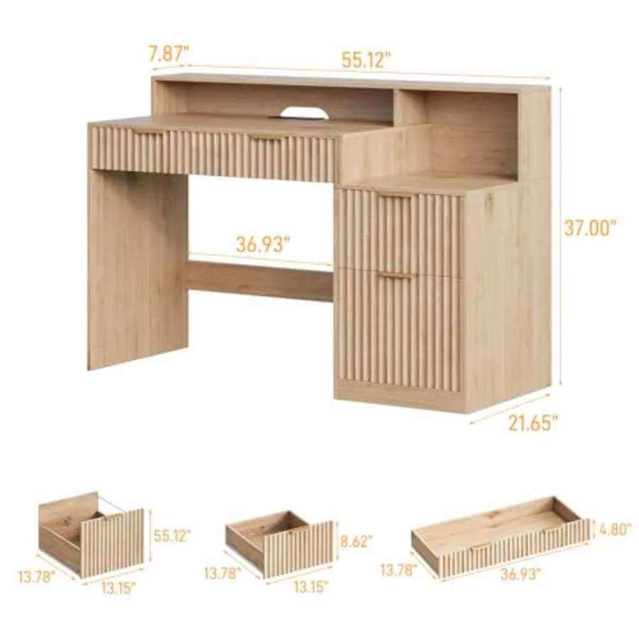 Fluted Computer Desk with Power Outlets, Home Office Desk with Drawers, Printer Stand, Wood Computer Desk with Long Monitor Sta