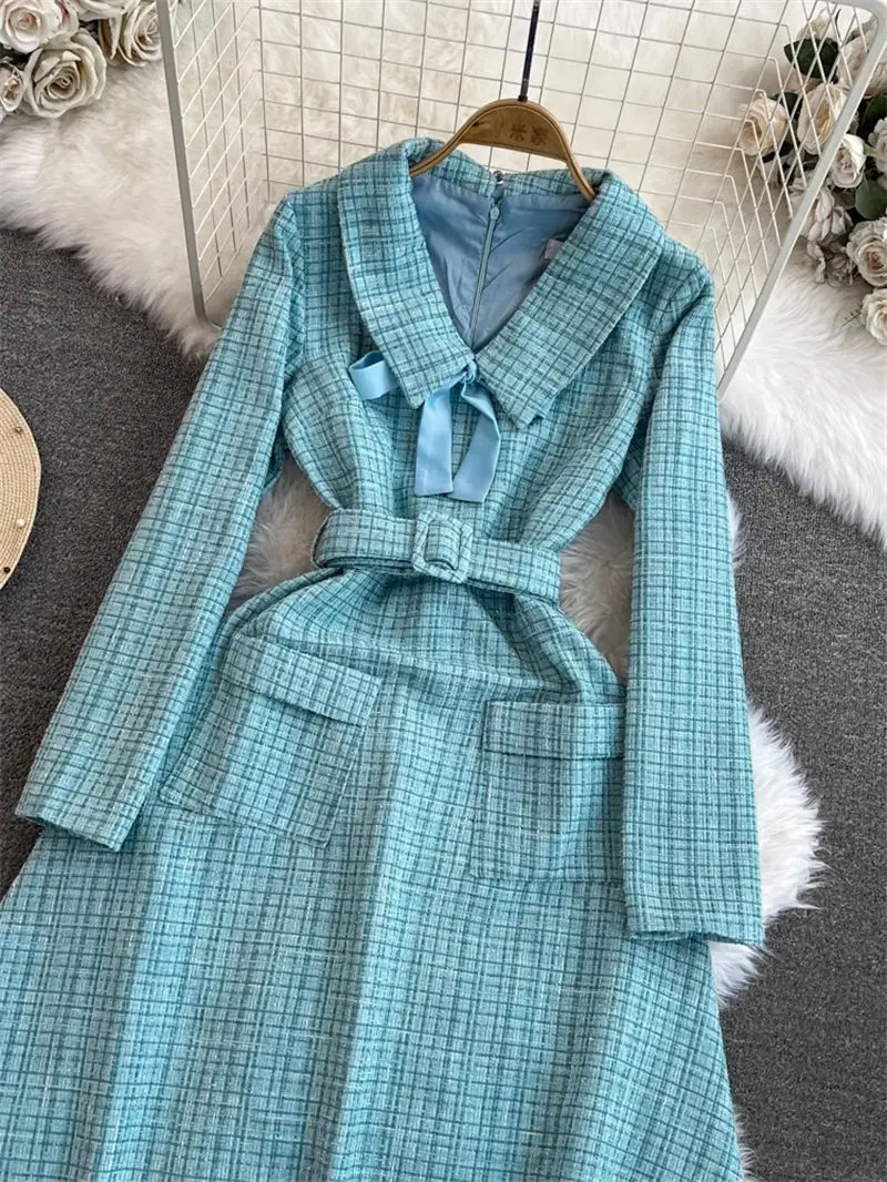 Lapel Bow Spliced Tweed Dress Elegant Belt Luxury Women Autumn Winter Vestidos Vintage Simple Casual Office Party Dress z4571