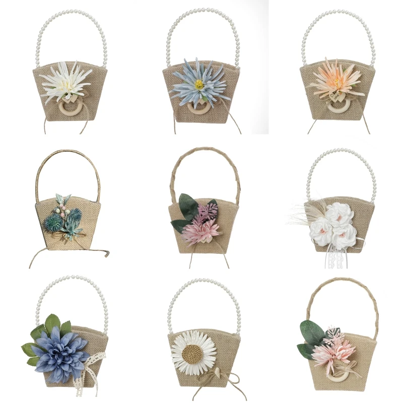 

Wedding Flower Girl Baskets with Handle Rustic Vintage Small Piece Burlap Flower Basket with Delicate Faux Flowers Decoraction