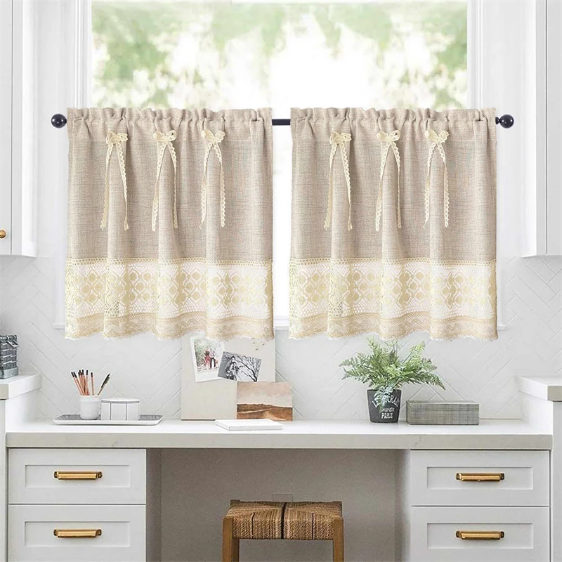 Retro Beige Hollow Crochet Lace Embroidery Splicing Bohemian Short Transparent Curtains For Living Room Bedroom Window Drapes