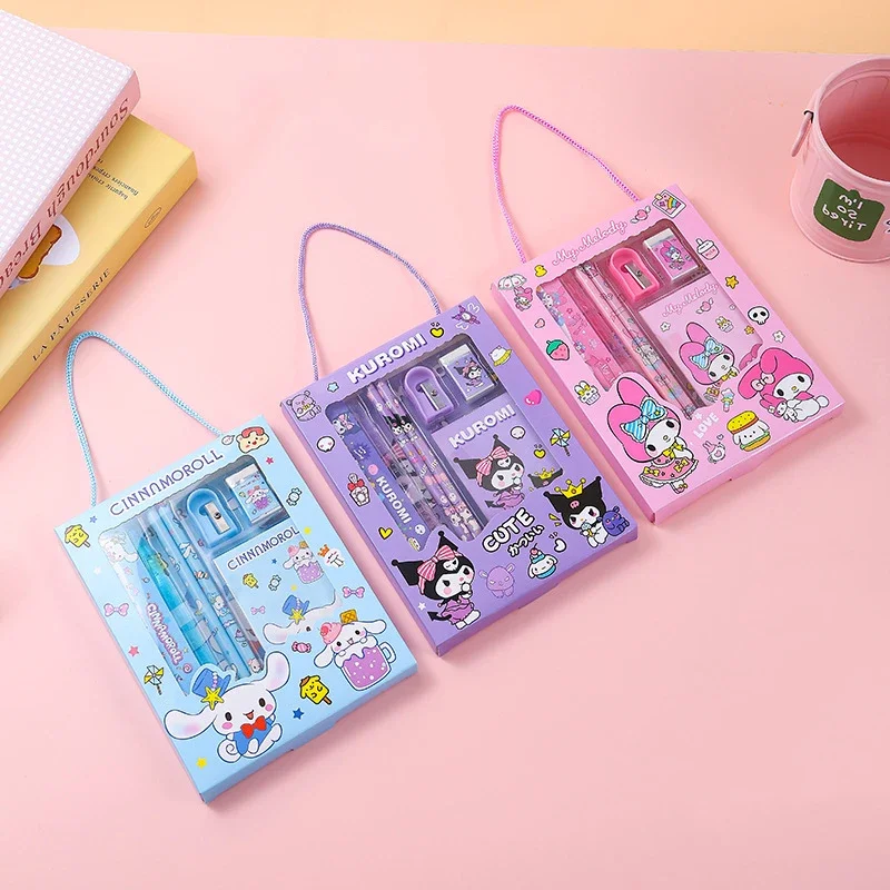 Sanrio My Melody Stationery Set Pencil Eraser Ruler Cinnamoroll Kuromi Kawaii Painting Primary School Supplies for Student Gifts