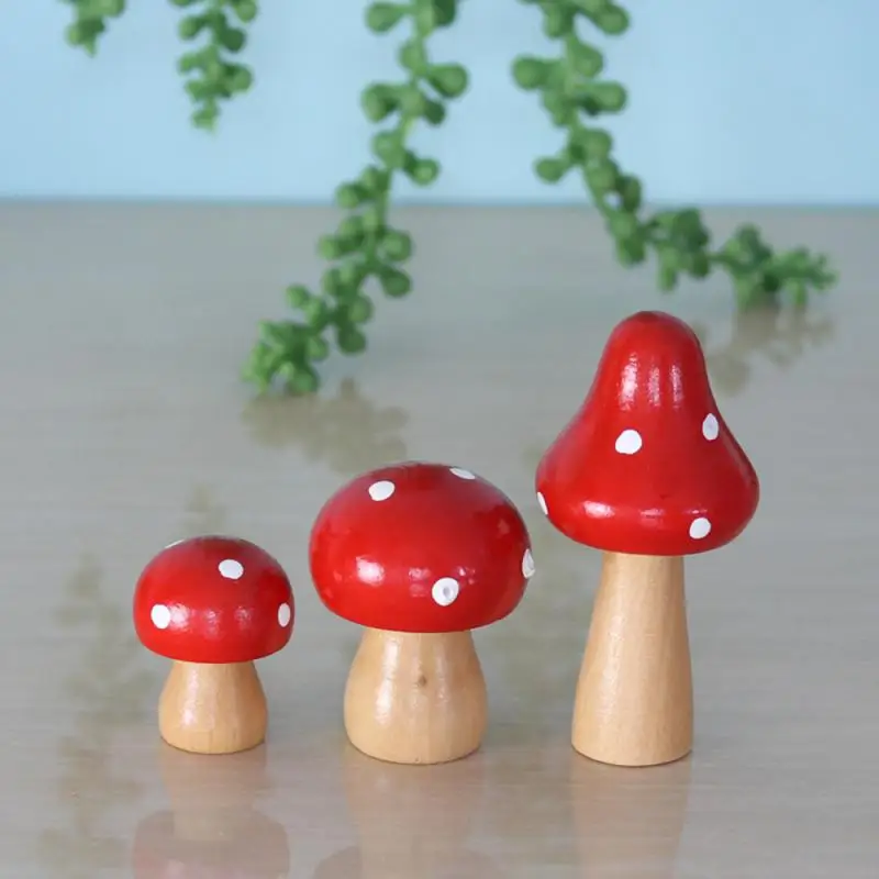 3Pcs/Set Creative Cute Solid Wood Mushroom Ornaments DIY Craft Home Decoration Garden Miniature Potted Plants Decoration