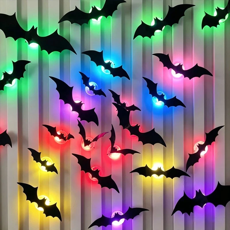 Scary Spooky 3D Bat Halloween LED Glow Wall Sticker Night Light Decorations for Haunted House Party Supplies with Glowing