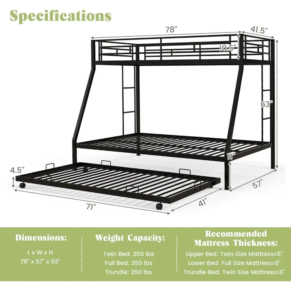 Twin Over Full Bunk Bed with Trundle, Wo Side Ladders & Safety Guard Rail, No Box Spring Needed 3 in 1 Bunk Beds