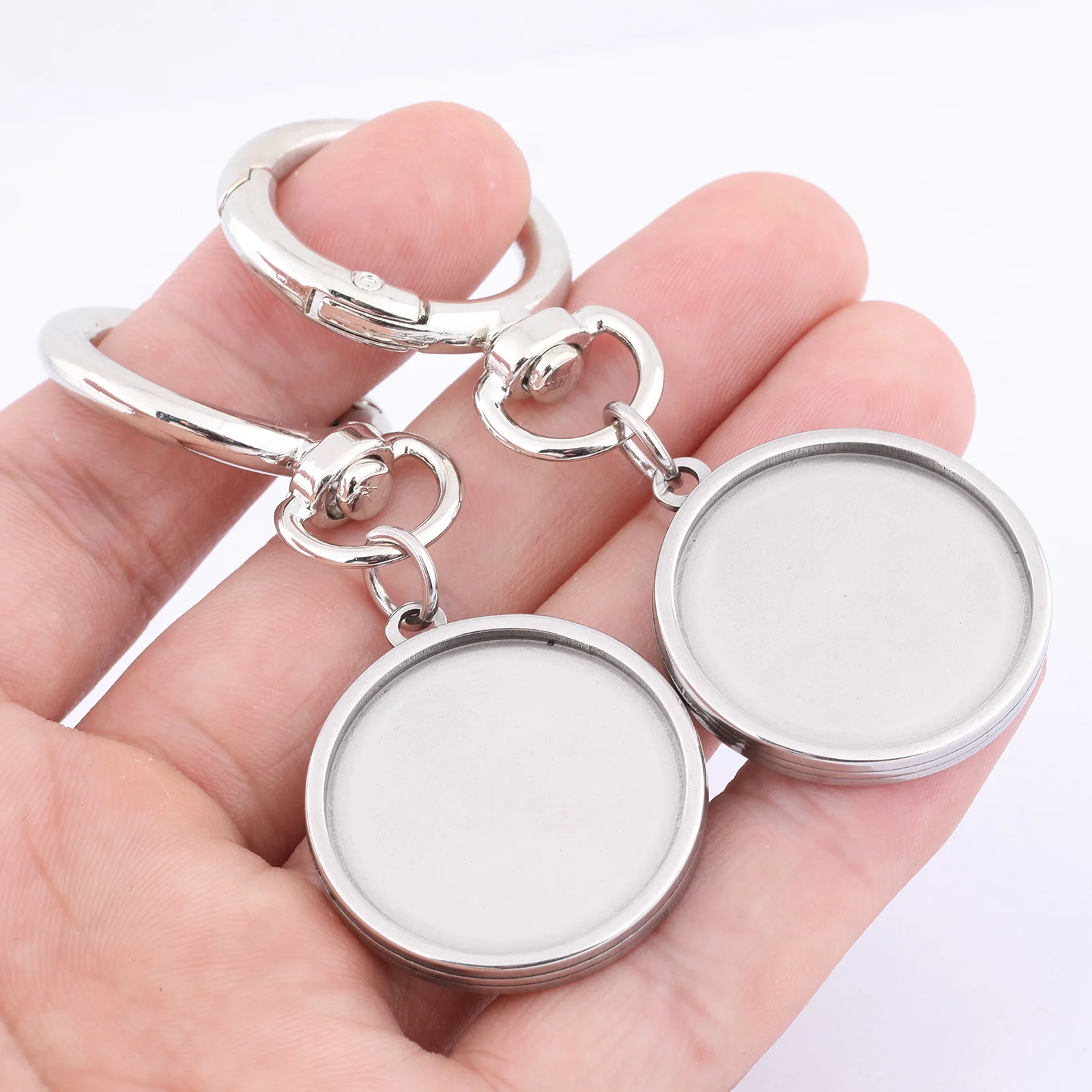 3pcs Stainless Steel Double Side Cabochon Keychain Base Setting Trays 25mm Dia Spring Clasp Keyring Diy Findings