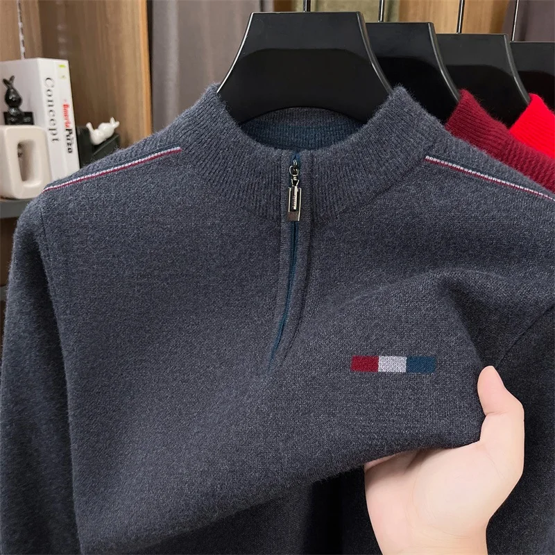 Men's Winter New Thickened Warm Middle Aged Half Height Zipper Collar Sweater Bottom Cashmere Sweater