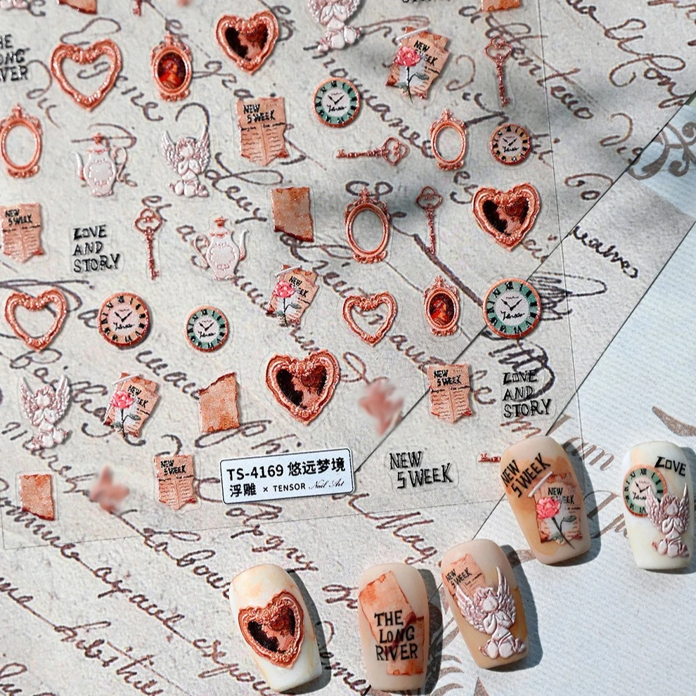 

Vintage European Teapot Clock Heart Butterfly Star Clock Flower Bowknot Cat Apple Rabbit Punk Moon Y2K Nail Art Stickers Decals