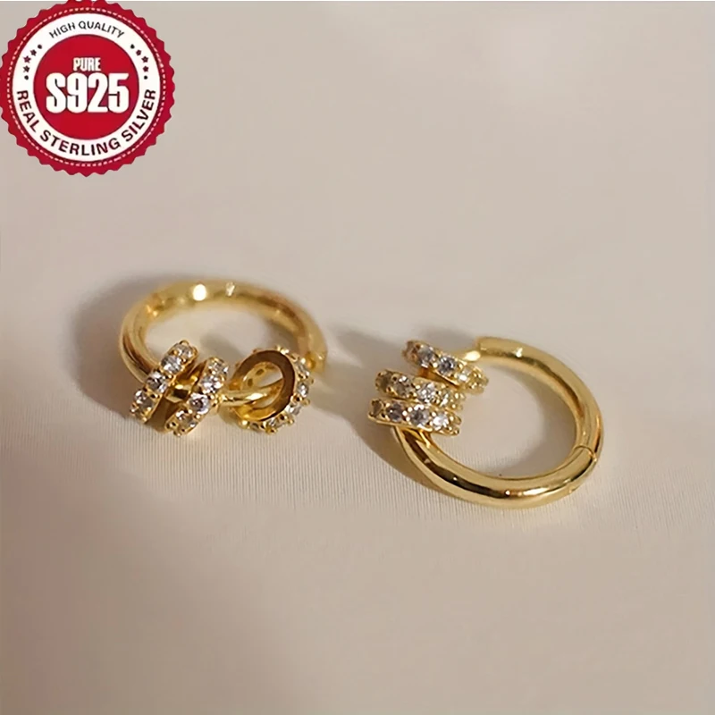 925 Sterling Silver Gold Plated Huggie Hoop Earrings Dainty Sparkling CZ Cluster Design Hypoallergenic Elegant Jewelry for Women - view 5