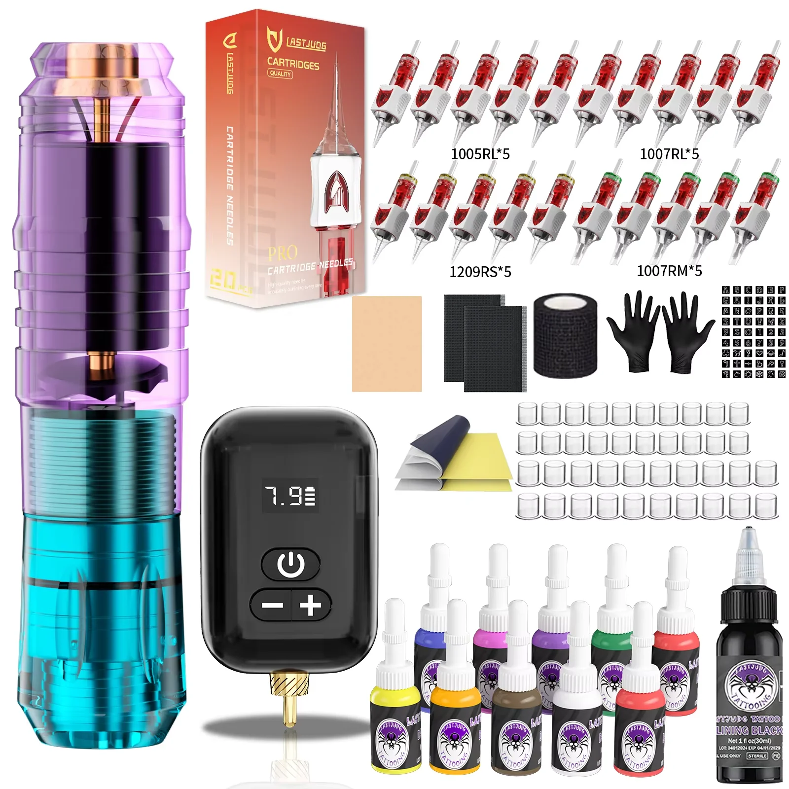 LASTJUDG Tattoo Kit 20PCS V2 White Tattoo Needles Tattoo Pen Kit Gradient Color Wireless Tattoo Power Supply Tattoo Machine Kit