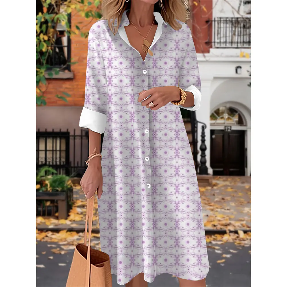 Everyday Women's Suit Collar Long Sleeve Dress 2024 Summer Fashion New Vector Print Everyday Loose Casual Summer Dress S-5XL