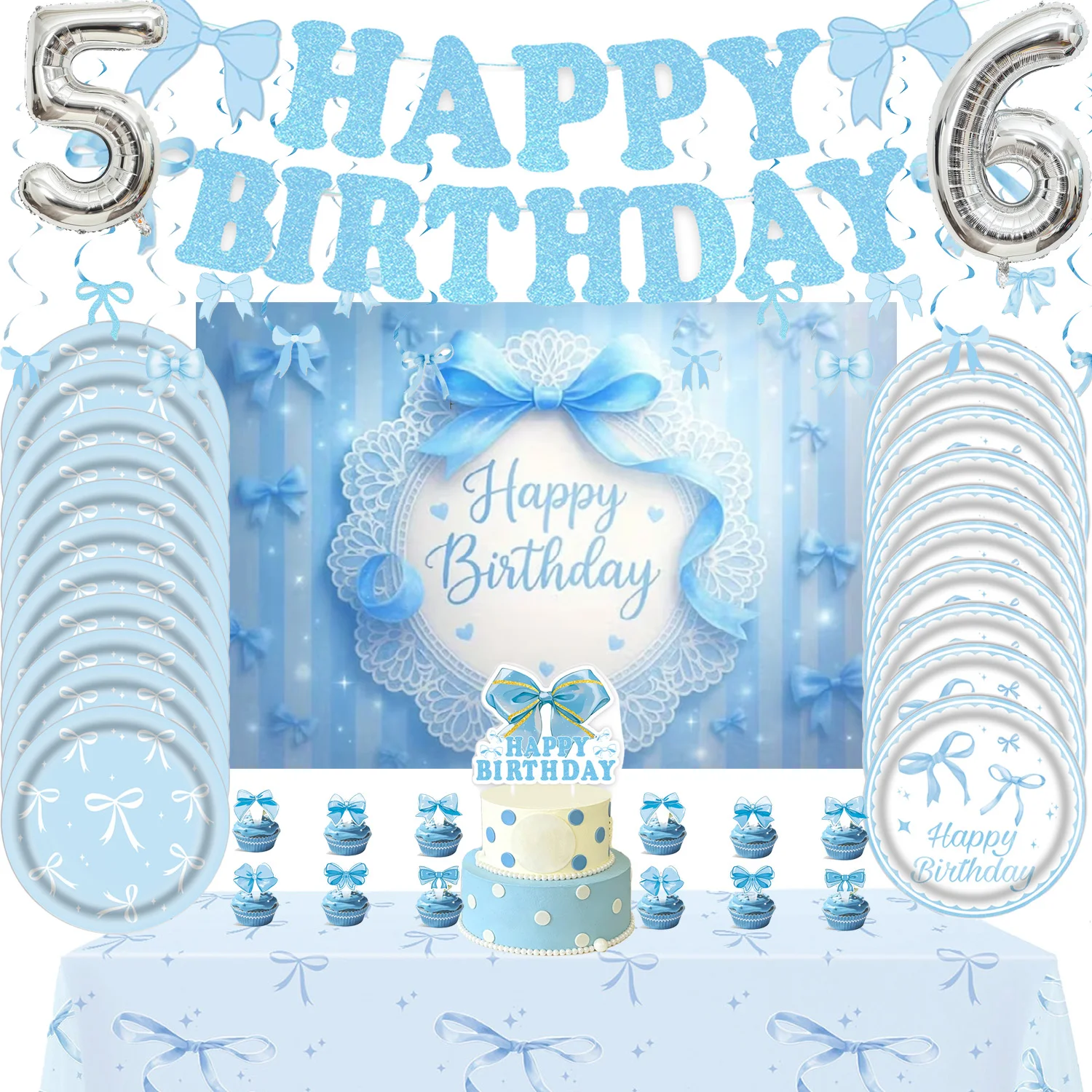 

Blue Bow Theme Birthday Party Decoration Bowknot Plate Cup Tablecloth Supplies Girls Celebrate Photo Photography Background Gift