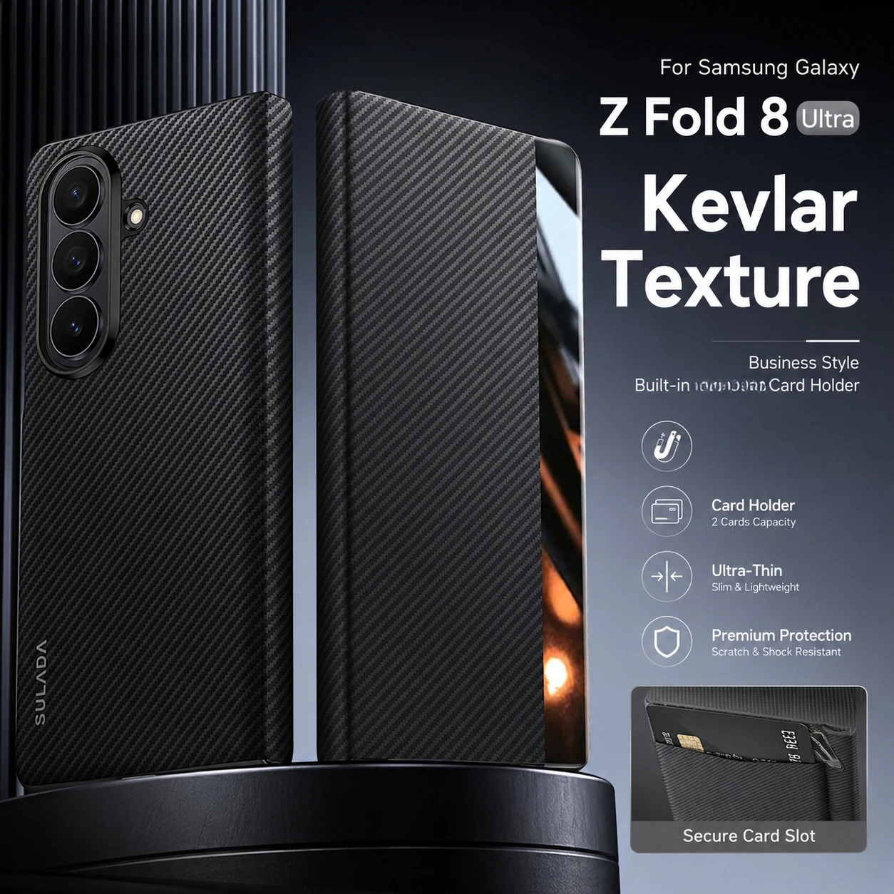 For Samsung Galaxy Z Fold 8 Ultra Case Business Style Kevlar Texture Built-in Magnetic Card Holder Ultra-Thin Bumper Cover Funda