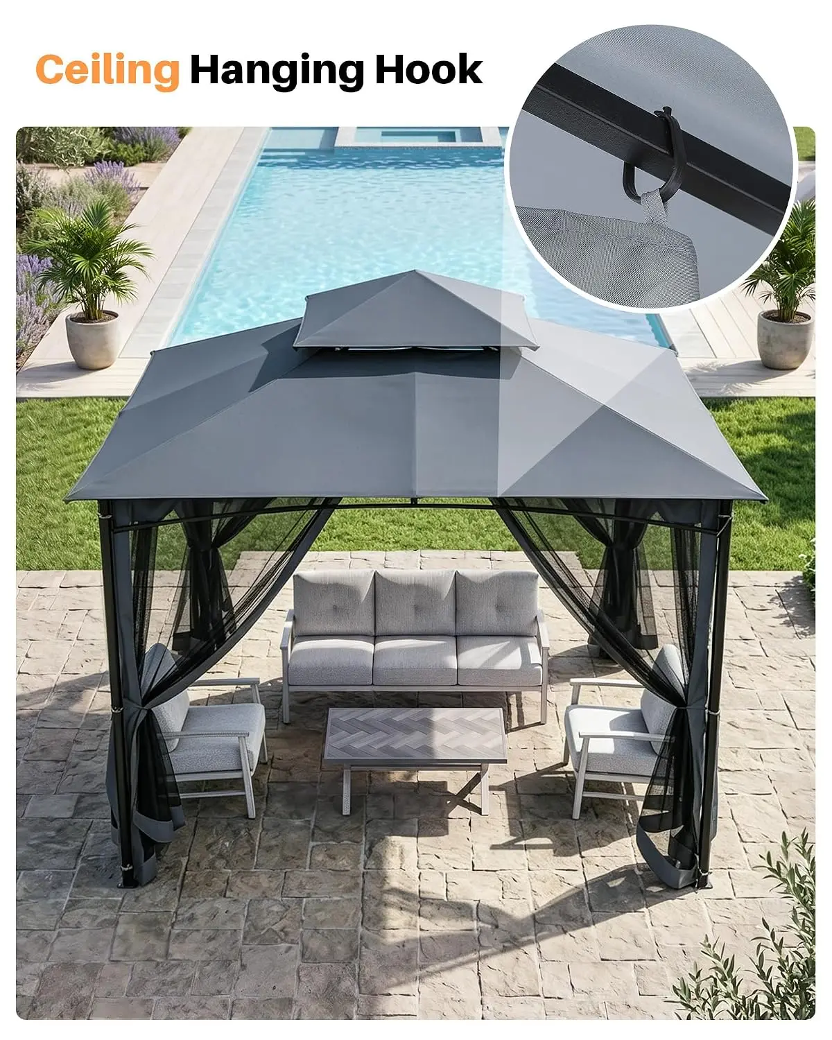 12x12ft Metal Gazebo with Double Roof & Mosquito Netting for Patio Deck Lawn Garden, Gray, Customized