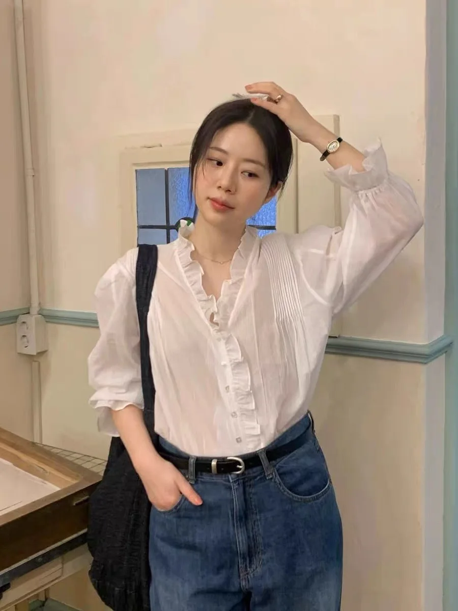 

Viplain Retro Girls Loose V-neck Slimming Gored Shirt Cotton Gentle Style Floral Casual Breathable Spring Cardigan