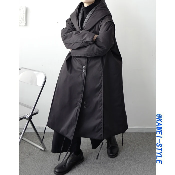 

Мужская зимняя утепленная куртка в темном стиле, удлиненная, ниже колена, с капюшоном, из хлопка, свободного кроя, в стиле хип-хоп, из утолщенного полиэстера