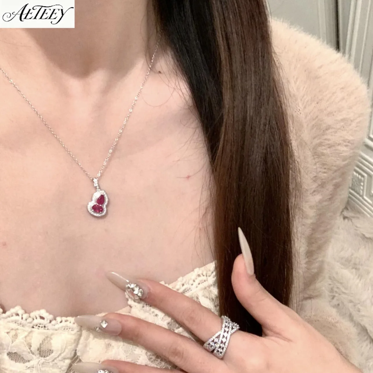 AETEEY S925 Silver Full Pigeon Blood Red Zircon Gourd Necklace High-end Women Clavicle Chain