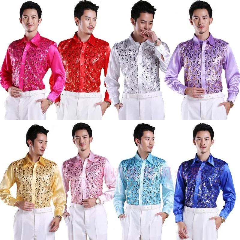 

new Men's glittering sequined shirt stage performance clothing dance gala hosted chorus Shirts high quality