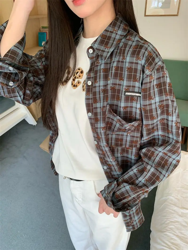 

MNANA 2024 Autumn Winter New Faion College Sle Long Sve Velvet Planting Plaid Loose irt Women's Street Sle