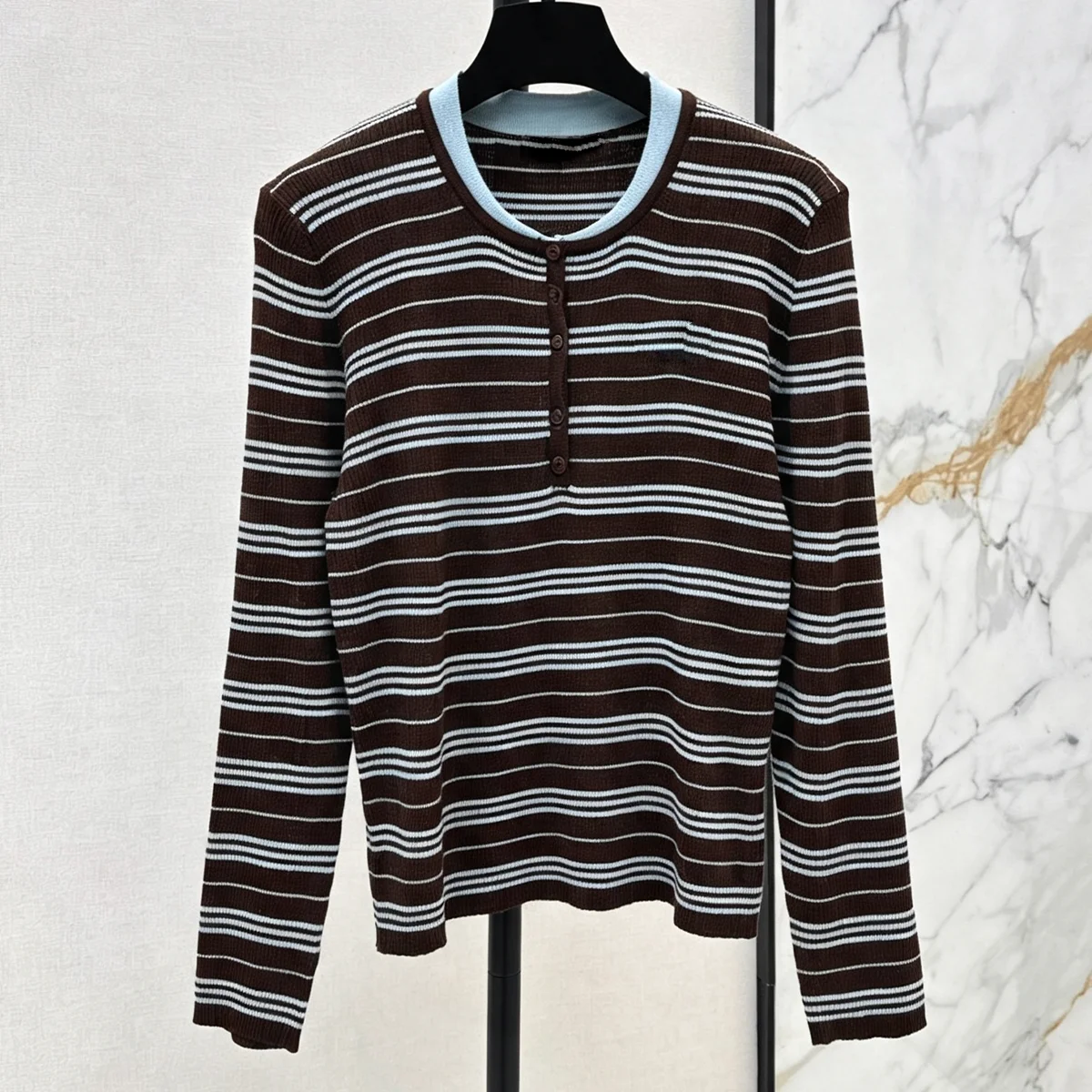 High Quality Women Round Neck Striped Long Sleeve Top Half Button Front Slim Fit Casual Daily Commuter Blouse lyt2672892