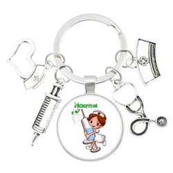 Doctor Nurse Medical Syringe Stethoscope Image Keychain 25mm Glass Cabochon Dome Medical tools Pendant Key Ring Jewelry Gift