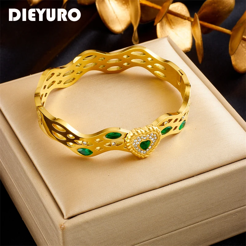 DIEYURO 316L Stainless Steel Heart Shaped Green Zircon Wavy Bangles For Women Girl New Trend Non-fading Bracelets Jewelry Gift