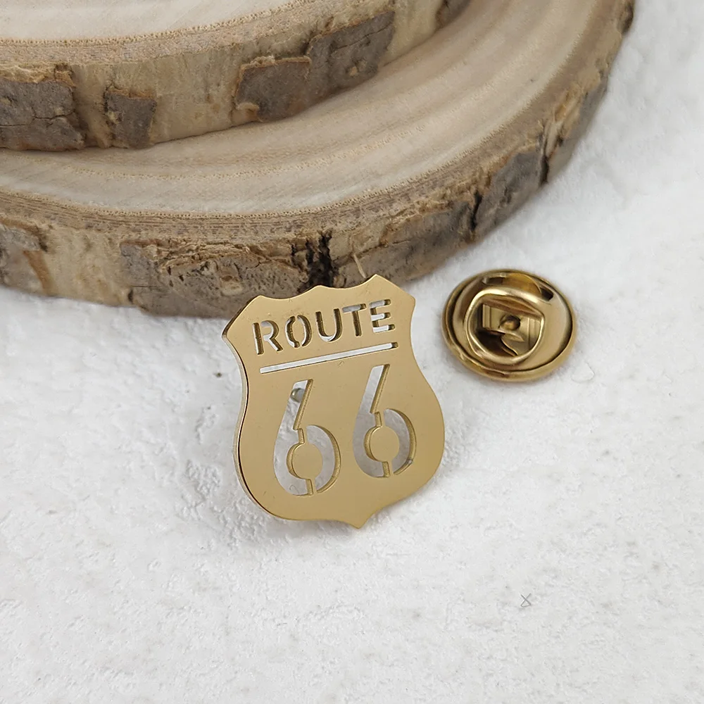 New Route 66 men's lapel pin, 316L stainless steel gold-plated badge, black brooch for suit accessories, gift for father