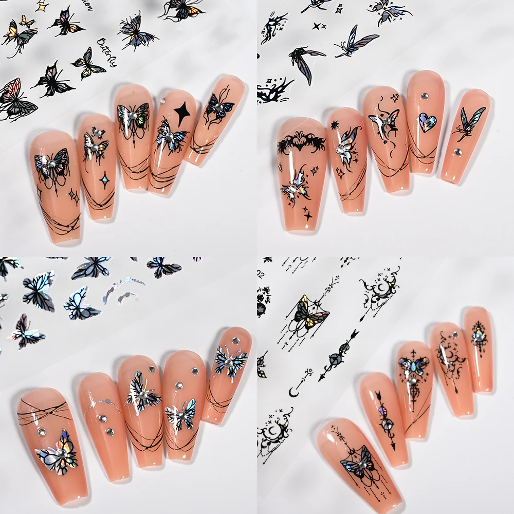1Pcs Metallic Black/White Butterfly 3D Nails Stickers Lase Butterflies Self-Adhesive Slider Sparkly Catcher/Star Manicure Decals image 4