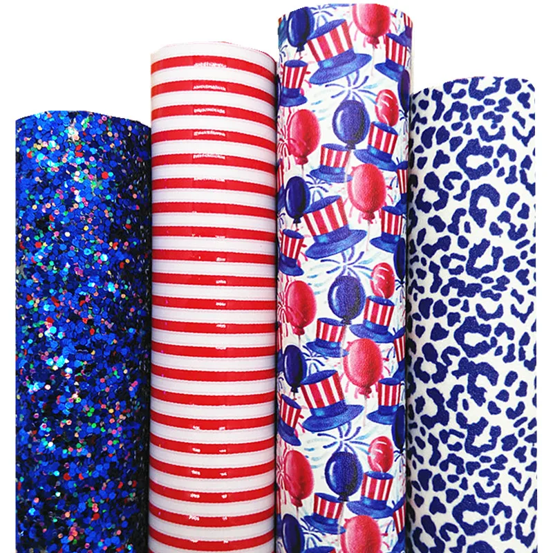 Blue Chunky Glitter Leather Fabric sheets Leopard Custom Faux Leather Stripes Balloons Printed Lether For Bows DIY 21x29CM Q997