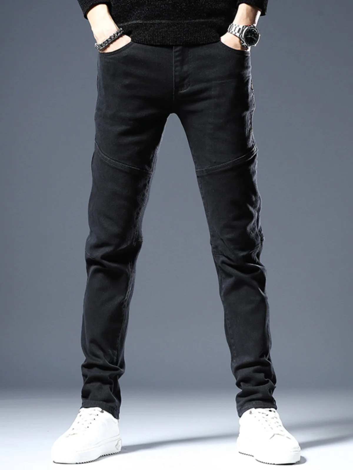 

Casual Sli Patchwork Biker Workwear Jeans Men's Youth Slim Fit Long Pants Autumn Winter Wear Resistant Straight Leg Trousers