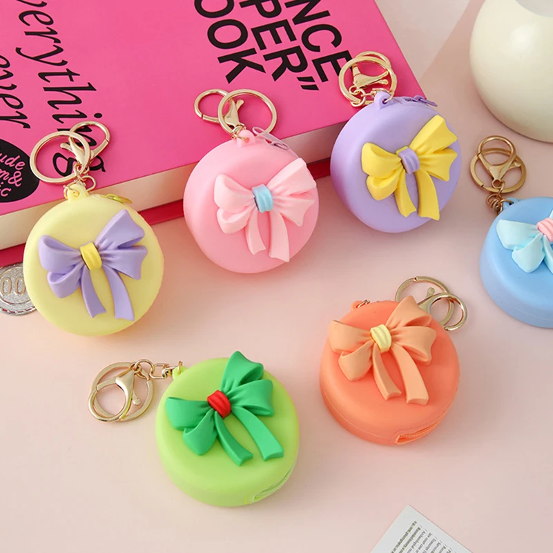 12pcs Coin Purses Silicone Plain Circle Shaped Bow Sweet Waterproof Protable Small Storage Bag Mix Color