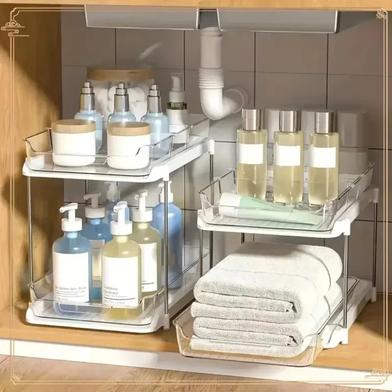 

2-уровневый многоцелевой органайзер для шкафа для ванной комнаты, выдвижная полка для хранения под раковиной, организация кладовой, кухонная полка для хранения