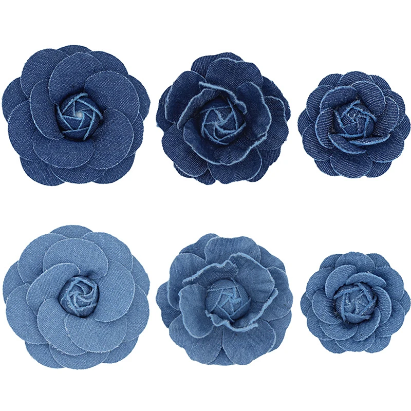 Denim Fabric Flowers Artificial Camellia Flower Head For DIY Hair Accessories Corsage Handmade Craft