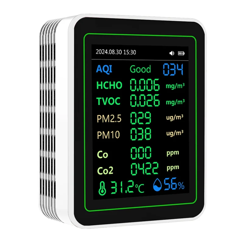 

ABAE-12 In 1 Air Quality Tester Temperature/Humidity /Time/CO/CO2/Curve/TVOC/AQI/PM2.5/PM10/Formaldehyde With Bracket