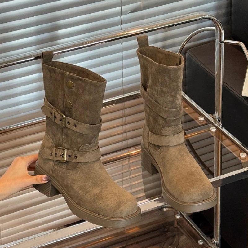 

Осенне-зимние женские ботильоны с пряжкой на ремне, модные туфли без шнуровки на толстом каблуке, женские винтажные короткие ботильоны Zapatos De Muje