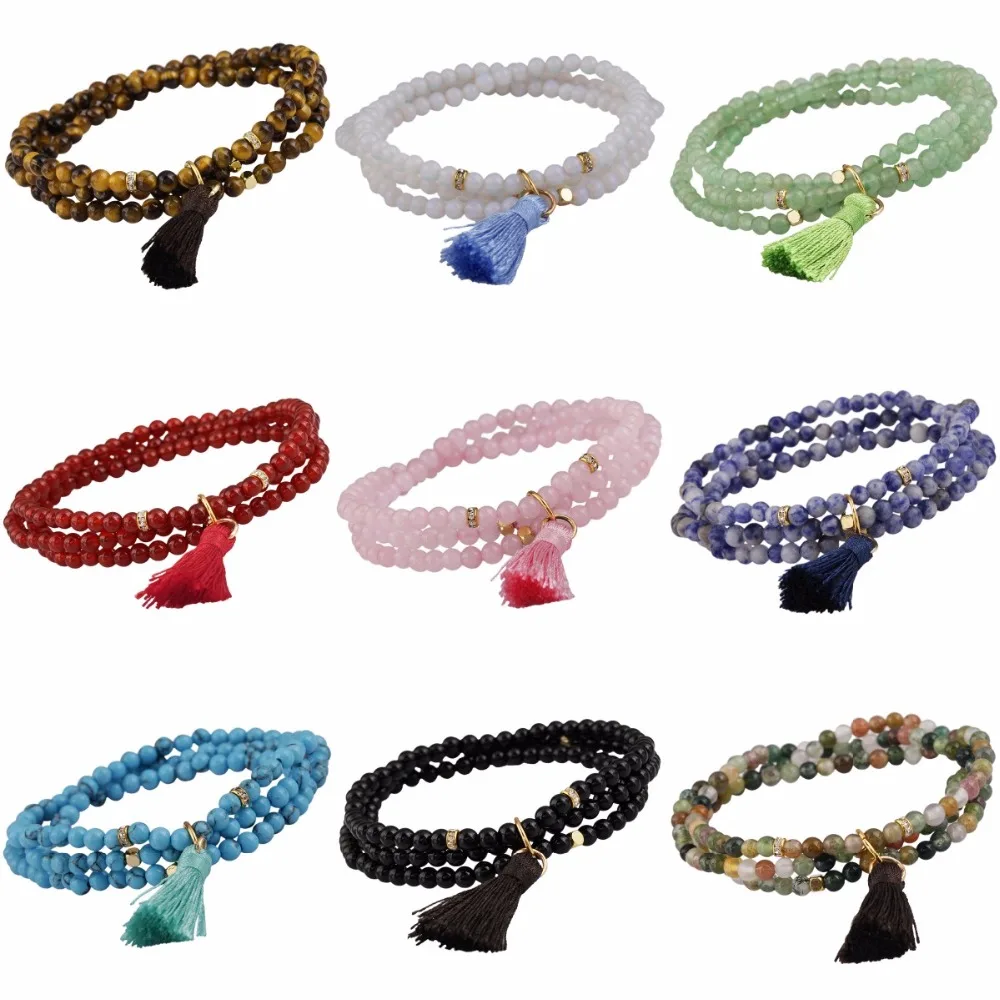 

SUNYIK Natural Crystal Stone Beads 4mm 3 Layers Beaded Ethnic Customs Bracelet With Charm Tassel Jewelry For Women Lady