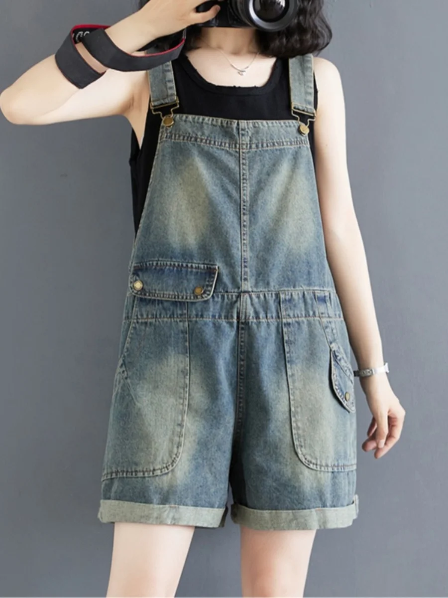 

Summer Denim Overalls Women's ort Pants High Waist Thin Model Korean Sle Student Youthful Wide Leg Five-Pointed orts