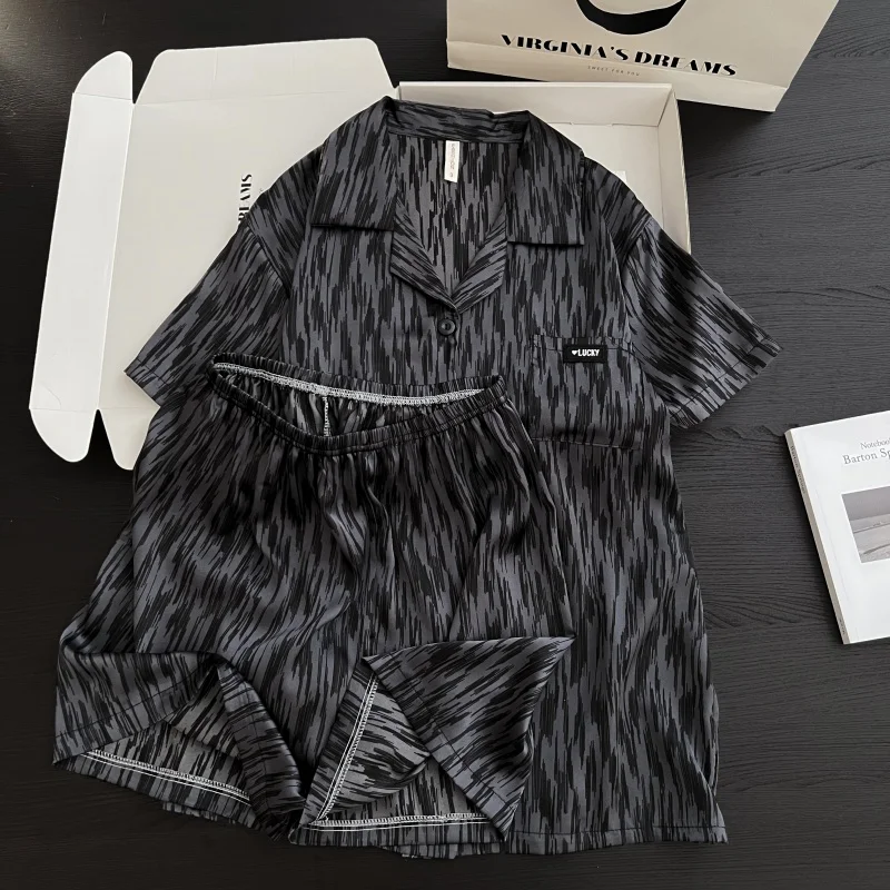 Spring Autumn Minimalist Dark Gray Striped Homewear Women's Pajamas Casual Turn-Down Collar Short-Sleeved 2 Piece Pajamas Set