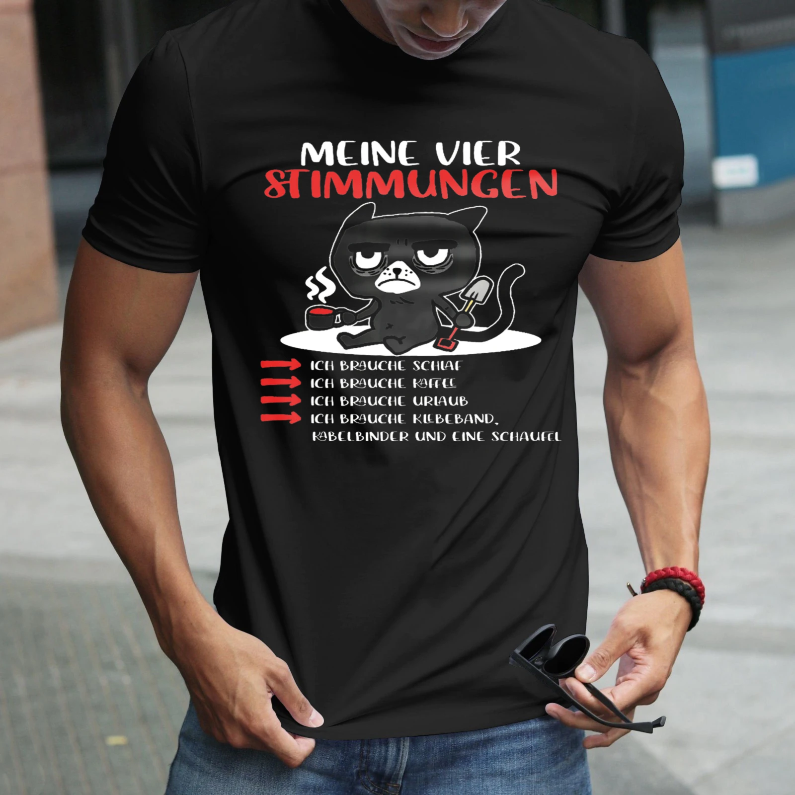 Herren-T-Shirt „Meine vier Stimmungen“ mit Katzenmotiv, perfekt für Freizeitkleidung, Partys und Karnevalsoutfits