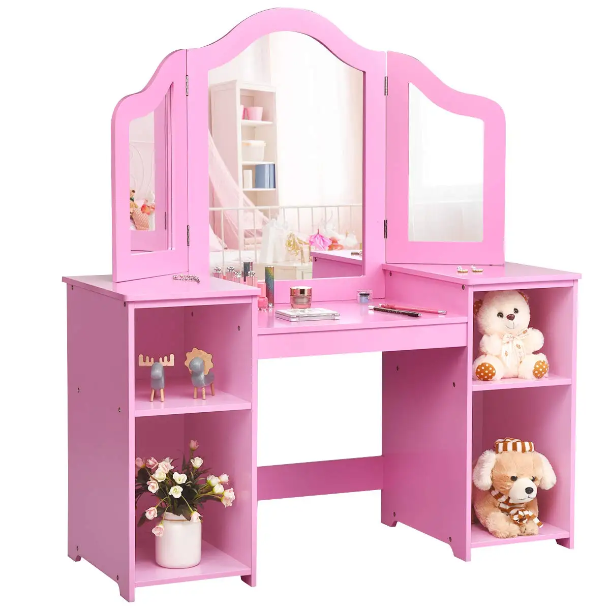 #Detachable Kids Vanity Table & Desk with Mirror &  Storage Shelves for Bedroom Study Room Pink